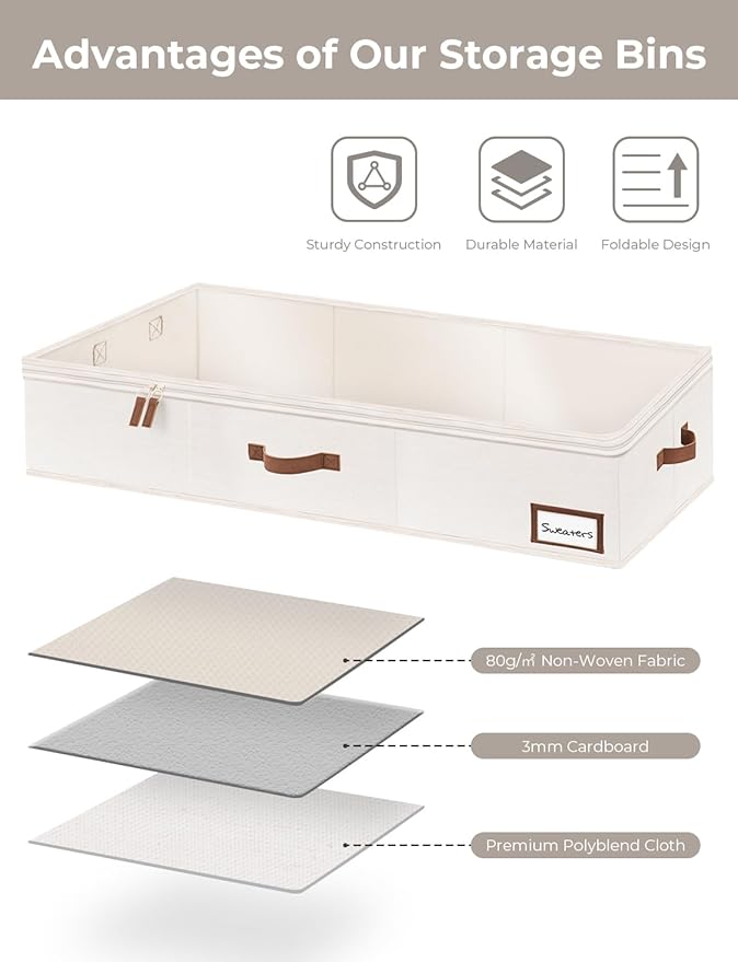 StorageWorks Large Under Bed Storage Containers with Handles and Label Holder, 2 Pack Ultra-thick Fabric Underbed Bins, Closet Organizer for Clothes, Blankets, Sweater-NeatNest
