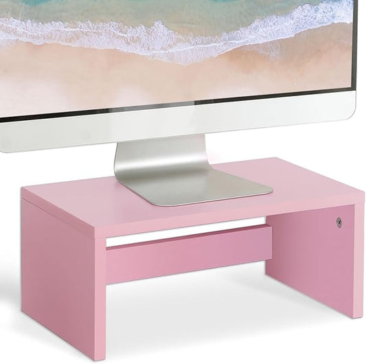 TEAMIX Pink Monitor Stand Riser-6.7 inch, Wood Higher Monitor Riser with Storage for Desk, Laptop Riser Computer PC Stand for Desktop Workspace Home Office(Pink-Higher)-NeatNest
