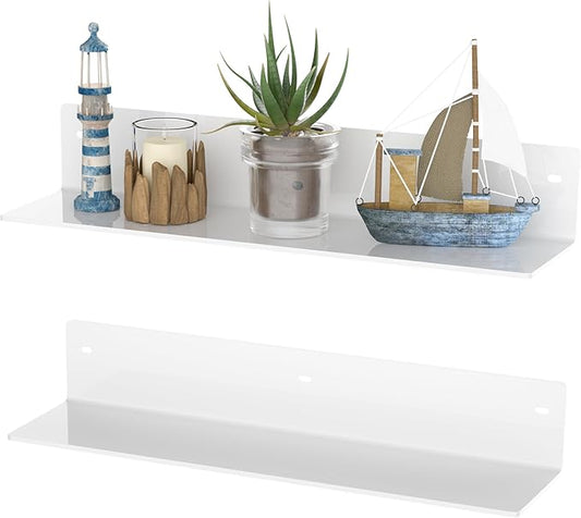 16 Inches White Acrylic Shelves, Wall Hanging Spice Rack, Wall Organizer Storage Shelf for Kitchen, Dining Room, Living Room, Bedroom, Bathroom, 2 Pack-NeatNest