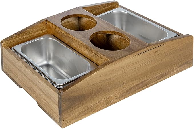MyGift Cup Holder Tray and Couch Snack Caddy, Premium Solid Acacia Wood Sofa Beverage Drink and Snack Server with 2 Removable Metal Trays-NeatNest