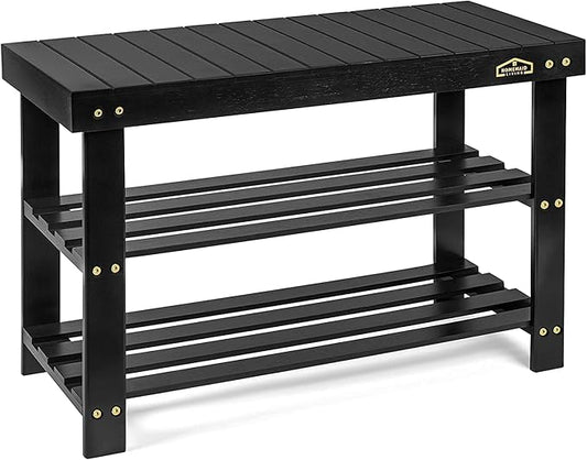 Homemaid Living Bamboo 3 Tier Shoe Rack Bench, Premium Shoe Organizer or Entryway Bench, Perfect for Shoe Cubby, Entry Bench, Bathroom Bench, Entryway Organizer, Hallway or Living Room(Black)-NeatNest