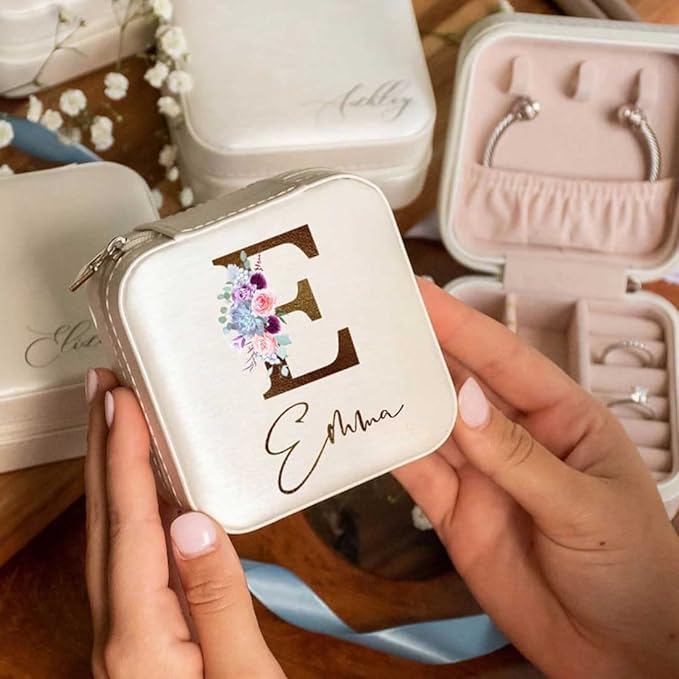 DayOfShe Personalized Bridesmaid Gifts-Travel Jewelry Box for Bachelorette Party Gifts-Leather Initial Floral Jewelry Organizer for Maid of Honor Gift for Bridesmaids-NeatNest