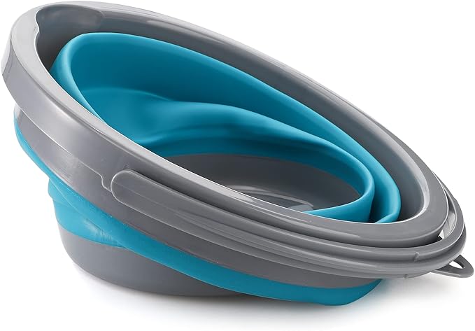 Bekith 2 Pack Collapsible Plastic Bucket with Locking Lid, 5L / 1.32 Gallon Foldable Round Tub Portable Fishing Water Pail for Hiking, Backpacking, Camping and Outdoor Survival (Blue, Gray)-NeatNest