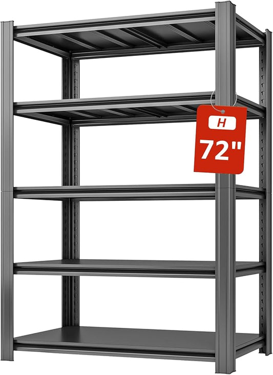 5 Tier Metal Shelving Unit, 72" H x 48" W Adjustable Storage Shelves, Heavy Duty Garage Shelves for Warehouse, Basement, Kitchen, Pantry, Living Room, 2500LBS, Black, 18" D-NeatNest