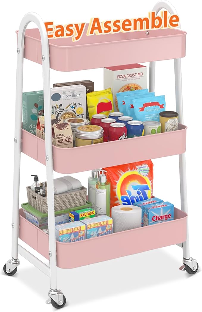 Sekey 3 Tier Rolling Cart Metal, Easy Install Utility Cart on Wheels, Heavy Duty Storage Cart with Lockable Wheels for Baby Nursery, Bathroom, Kitchen, Laundry Room, Pink