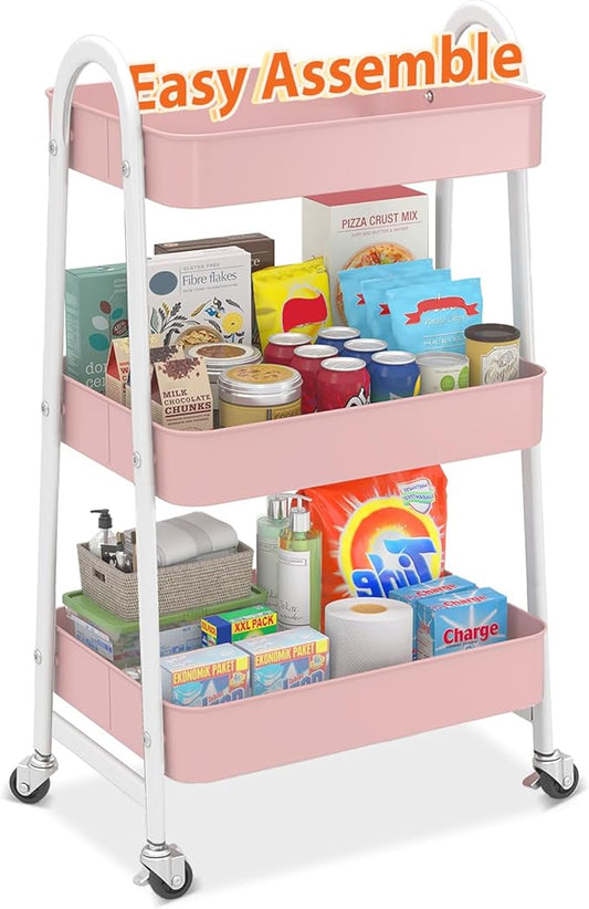 Sekey 3 Tier Rolling Cart Metal, Easy Install Utility Cart on Wheels, Heavy Duty Storage Cart with Lockable Wheels for Baby Nursery, Bathroom, Kitchen, Laundry Room, Pink