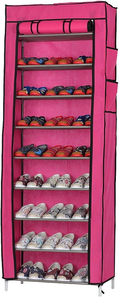 10 Tiers Shoe Rack with Dustproof Cover 27 Pair Shoe Tower Stand Sturdy Shelf Storage Organizer Cabinet Perfect for Bedroom, Closet, Entryway, Dorm Room (Rose Red)-NeatNest