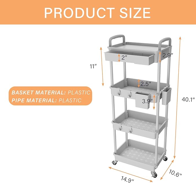 4 Tier Rolling Utility Cart with Drawer,REBECAT Utility Cart Made of Multifunctional Storage Organizer Tool for Kitchen,Bathroom,Living Room,Office(Gray)-NeatNest