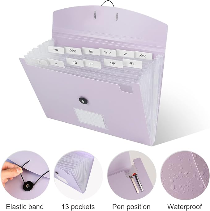 Accordion File Organizer, 13 Pocket Expanding File Folder Organizer for Letter Size/A4 Documents, Expandable Portable Monthly Bill/Receipt Organizer for Home/Office/School (Makaron Purple)