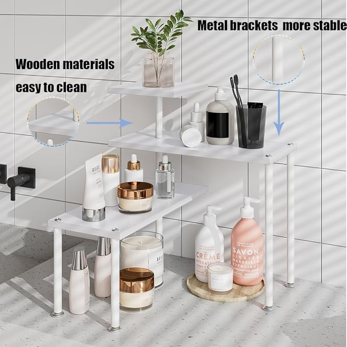 Countertop Organizer Organization 3 Tier Kitchen Corner Shelves Adjustable Spice Storage Rack for Bathroom Coffee Area Over Sink (White)-NeatNest