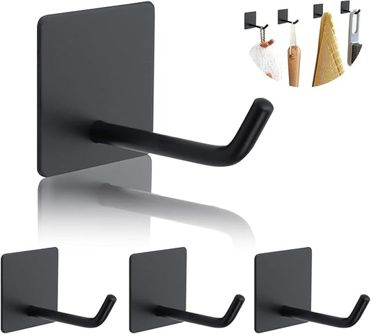 4PCS Adhesive Sticky Wall Hooks Heavy Duty, Long Stainless Steel Towel Hooks for Hanging Kitchen Bathroom Home, Waterproof Hook Wall Hanger Holder for Key Hat Coat Bag (Black)