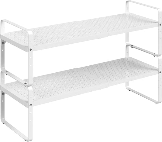 Expandable Cabinet Shelf Organizer Adjustable Metal Spice Rack Stackable Freestanding Counter Storage Shelves for Kitchen Cabinet Under Sink Office Desk (White - 2Pack - L16.5-27'' * W10.2'' * H9.6'')-NeatNest