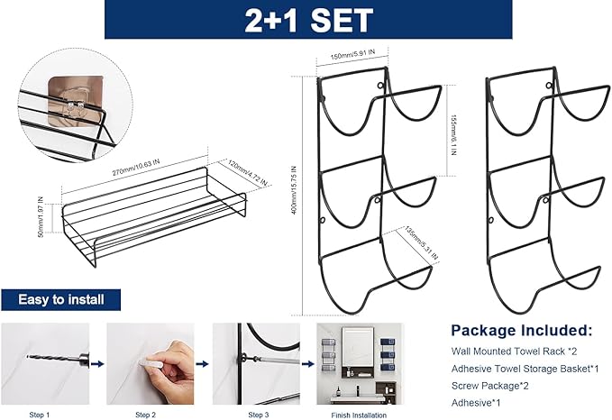NearMoon Towel Rack Wall Mounted- All Metal Bathroom 2 Towel Rack Holders+ Hand Towel Storage Basket, Rustproof 3 Level Wine Rack Organizer for Hand Towels, Washcloths, 2+1 Pack (Matte Black)