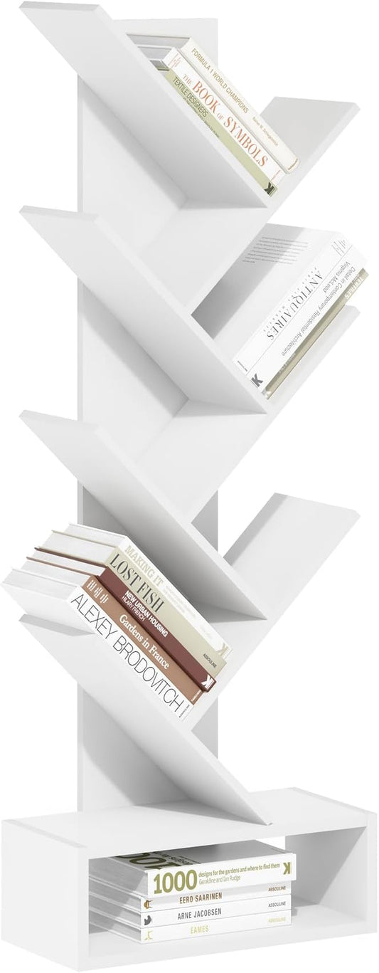 Furinno Tree Bookshelf 7-Tier Floor Standing Tree Bookcase with Bottom Shelf, White