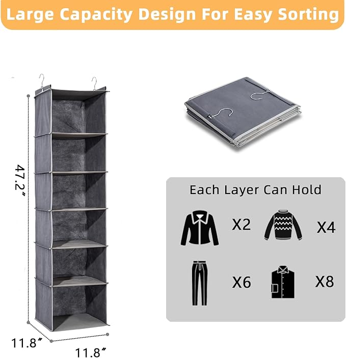 2 Packs Hanging Closet Organizer, 6-Shelf Closet Organizers and Storage with Side Pockets, Collapsible Hanging Shelves for Closet & RV & College Dorm,Grey-NeatNest