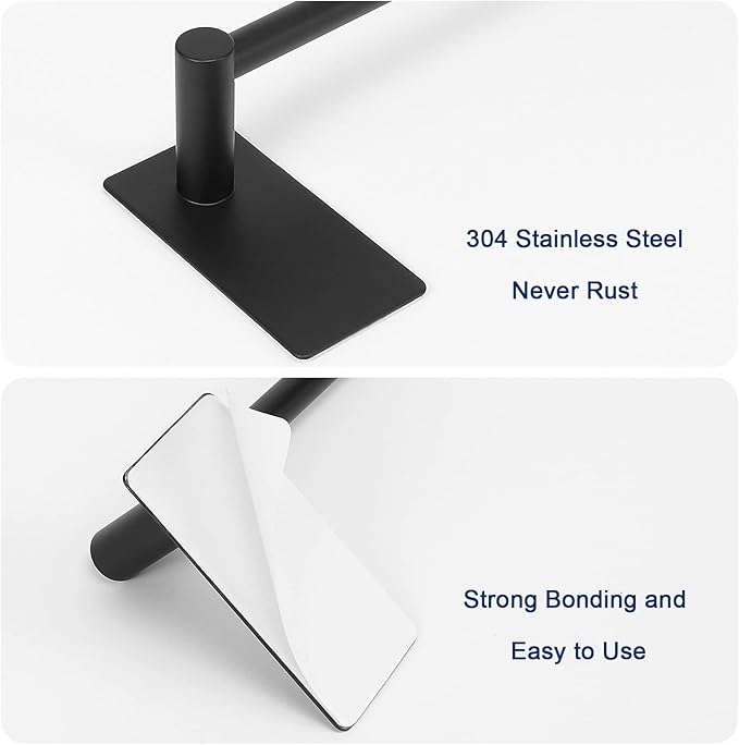 NearMoon Self Adhesive Bathroom Towel Bar- Stainless Steel Bath Wall Shelf Rack Hanging Towel Stick On Sticky Hanger Contemporary Style, NO Drilling (2 Pack, Matte Black, 16-Inch Towel Rack)