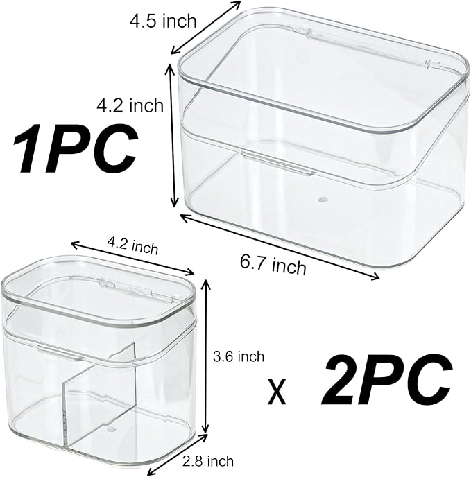 Clear Bathroom Organizer, 2-Size Essentials Set for Hail Accessories & Beauty Supplies,Cotton Swabs,Balls,Pads - Small Clear Plastic Canister Apothecary Jar Set, Vanity Makeup Storage Organizer (L+2S)-NeatNest