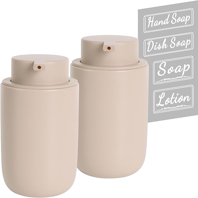 BosilunLife Khaki Soap Dispenser Set - 2 Pack 12oz Ceramic Dish Soap Dispenser with Rust Proof Pump for Kitchen, Hand Soap and Lotion Set Suitable for Farmhouse Bathroom Decor with Waterproof Labels-NeatNest