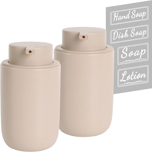 BosilunLife Khaki Soap Dispenser Set - 2 Pack 12oz Ceramic Dish Soap Dispenser with Rust Proof Pump for Kitchen, Hand Soap and Lotion Set Suitable for Farmhouse Bathroom Decor with Waterproof Labels-NeatNest