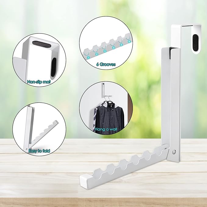 2PCS Over Door Hooks Hanger,Foldable Over Door Drying Laundry Hooks for Hanging Clothes 6 Groves Over Door Towel Racks for Clothes,Coat, Behind Back of Door Bathroom, Bag and Robe( Bright white)