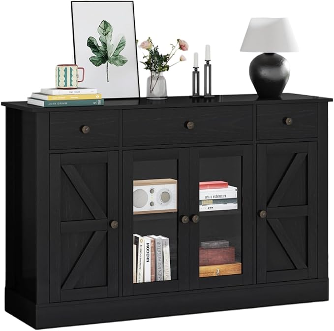4 EVER WINNER Sideboard Buffet Cabinet with Storage, 55" Coffee Bar Cainets with 3 Drawers and Glass Doors, Farmhouse Buffet Cabinet for Kitchen, Living Room-NeatNest