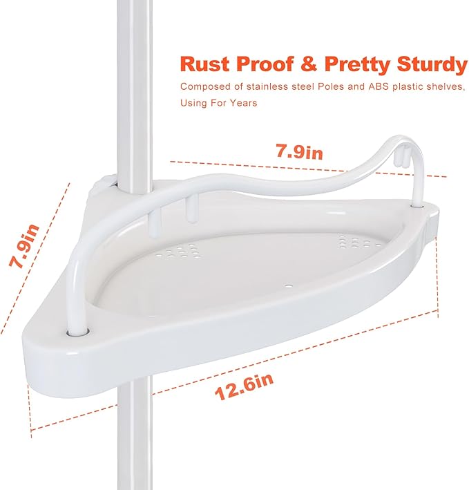 Corner Shower Caddy with Tension Pole, Rustproof ABS Shower Shelves with 56-125 Inch Steel Poles, Drill Free Shower Organizer, 4 Layer Adjustable Shelves, White