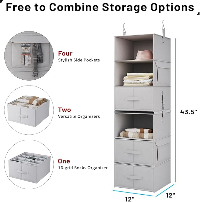 Vailando 6-Shelf Hanging Closet Organizer, 2 Separable 3-Shelf Hanging Shelves with 3 Drawers for Wardrobe, Nursery, Baby Clothes Organization and Storage-NeatNest