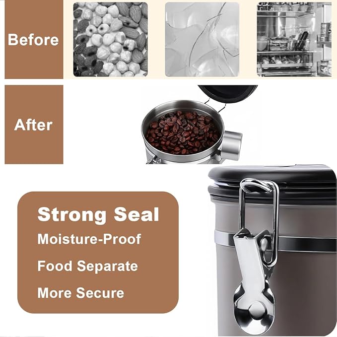 Coffee Canister Airtight Storage Container Stainless Steel Coffee Jar with Scoop,Date Tracker CO2 Release Valve for Dry Food Beans Ground Tea Flour Cereal and Sugar (1.8L Grey-Brown With Spoon(2pcs))-NeatNest