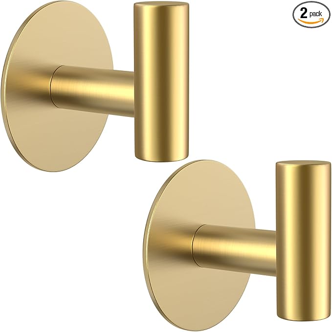 Gold Stainless Steel Wall Hooks, Heavy Duty Self-Adhesive Hooks for Coats, Towels, Robes, Hats, Aprons – No Drill Bathroom, Kitchen, Hotel (2 Pack)