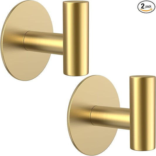 Gold Stainless Steel Wall Hooks, Heavy Duty Self-Adhesive Hooks for Coats, Towels, Robes, Hats, Aprons – No Drill Bathroom, Kitchen, Hotel (2 Pack)
