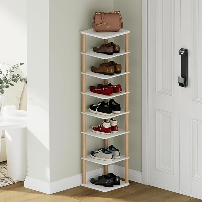 8-Tier Tall Shoe Rack, Narrow Wooden Shoe Organizer for Entryway, Closet, Dorm, Small Spaces, Freestanding Vertical Shoe Shelf for Sneakers, Boots & Heels-NeatNest