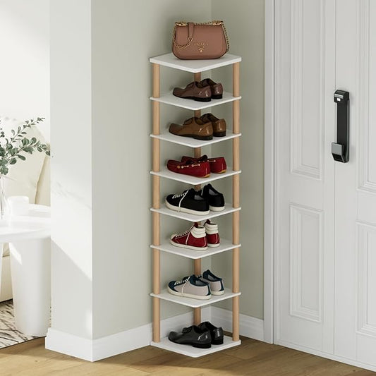 8-Tier Tall Shoe Rack, Narrow Wooden Shoe Organizer for Entryway, Closet, Dorm, Small Spaces, Freestanding Vertical Shoe Shelf for Sneakers, Boots & Heels-NeatNest