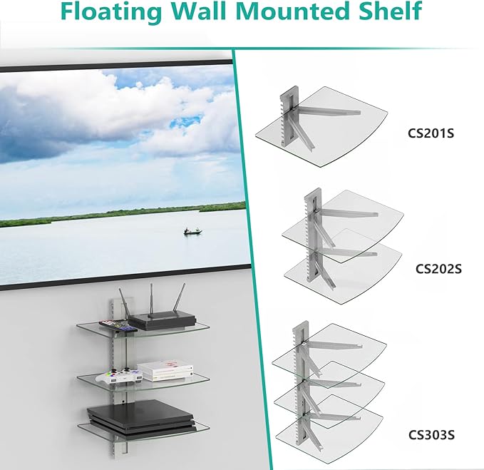 WALI Floating Entertainment Center Shelves, Holds Up to 17.6lbs, TV Shelf with Strengthened Tempered Glasses for DVD Players, Cable Boxes, Games Consoles, TV Accessories (CS303S), 3 Shelf, Silver