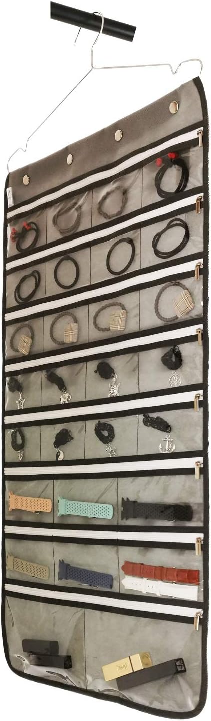 Dual Sided Hanging Jewelry Organizer with Hanger for Closet Necklace Earrings Bracelet Ring Travel Holder (56 Zippered Clear Pockets Grey)-NeatNest