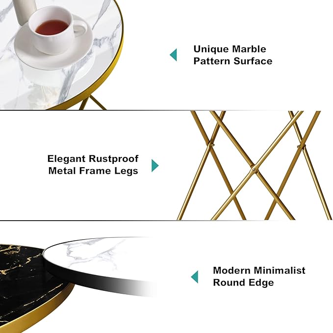 HLR Modern Round Side Table Set of 2, End Table with Marble Effect Top and Gold Metal Frame, Small Side Table for Living Room, Bedroom, Sofa and Couch, Gold Legs, White Marble top