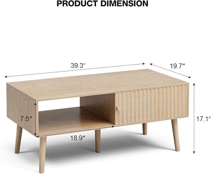 Coffee Table with Storage, Boho Dining Table with Sliding Fluted Door and Solid Wood Legs, Small Coffee Tables for Living Room, Oak-NeatNest