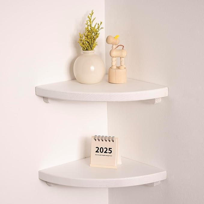 Floating Corner Shelves White 8", Solid Oak Wall Mounted Wooden Display Storage Rack with Wire Hole for Plants, Photos, Speakers, Bedroom, Kitchen, Living Room Décor - 2-Pack-NeatNest