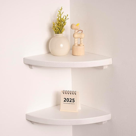 Floating Corner Shelves White 8", Solid Oak Wall Mounted Wooden Display Storage Rack with Wire Hole for Plants, Photos, Speakers, Bedroom, Kitchen, Living Room Décor - 2-Pack-NeatNest