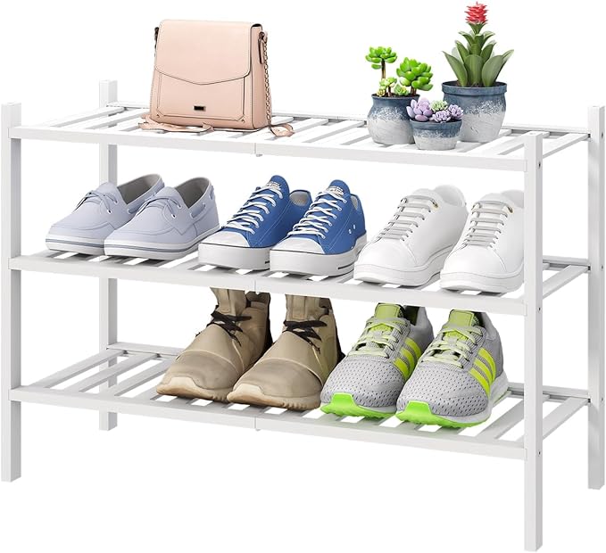 White Shoe Rack, 3-Tier Bamboo Wood Shoe Rack for Closet, Entryway & Hallway, and Stackable Shoe Shelf Storage Organizer for Indoor and Outdoor-NeatNest
