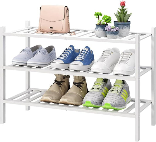 White Shoe Rack, 3-Tier Bamboo Wood Shoe Rack for Closet, Entryway & Hallway, and Stackable Shoe Shelf Storage Organizer for Indoor and Outdoor-NeatNest