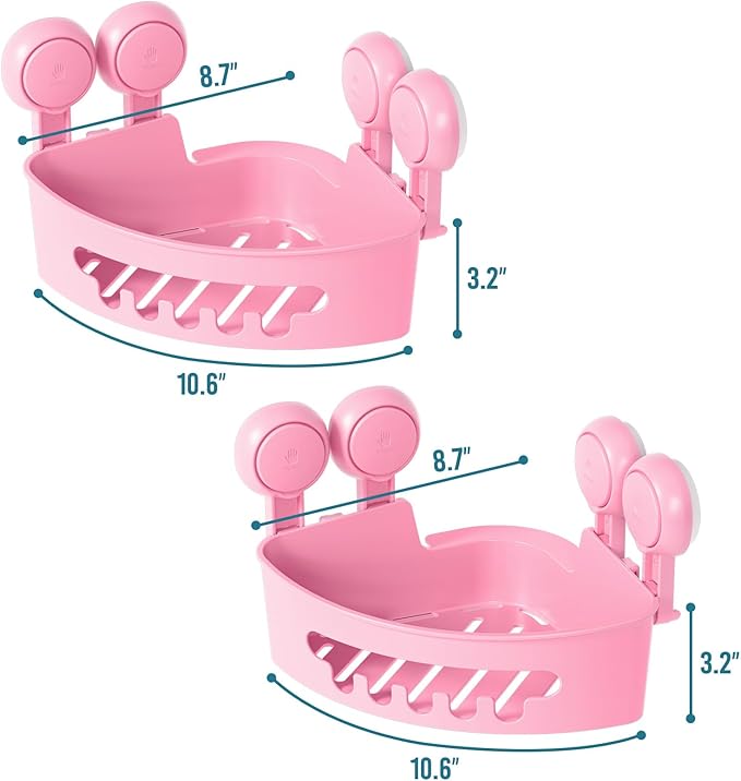 TAILI Suction Corner Shower Caddy, Bathroom Shelf Storage Basket Wall Mounted Organizer for Shampoo, Conditioner, Plastic Rack for Kitchen and Bathroom, Drill-Free Removable (2 Pack)-PINK
