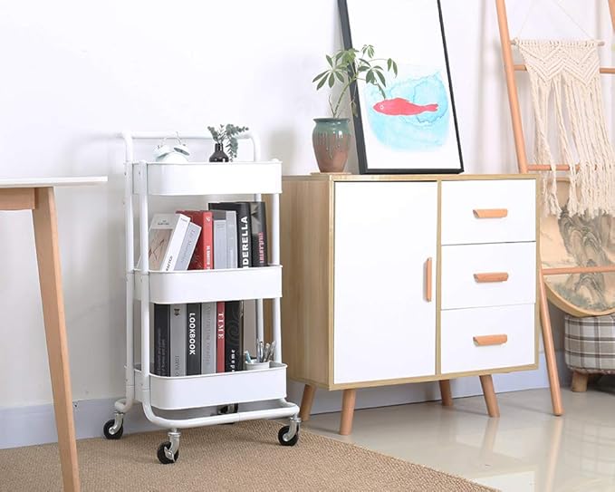 3-Tier Metal Mesh Rolling Cart Storage Organizer with Utility Handle and Wheels, White-NeatNest