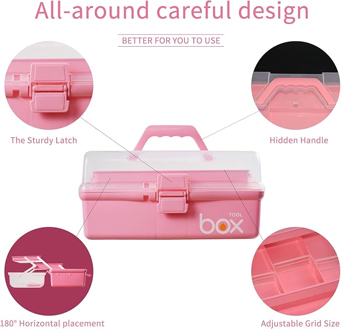12in Three-Layer Multipurpose Storage Box Organizer Folding Tool Box/Art & Crafts Case/Sewing Supplies Organizer/Family First Aid organizer/Medicine Storage with 2 Trays (Pink)
