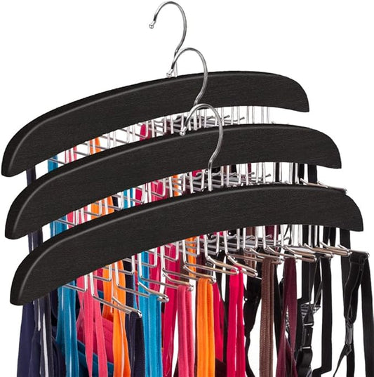 3 Pack Tank Top & Bra Hanger, Tie & Belt Hanger with Natural Wood, 24 Space Saving, 360 Rotating, Foldable Metal Hooks, Closet Organizer and Storage Rack for Tank Tops/Bras/Ties/Belt (Black)-NeatNest