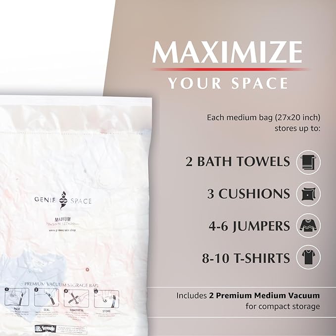 GENIE SPACE Medium Vacuum Storage Bags - Pack of 2, 27x20in | Strong Space Saving Bags | Premium Airtight & Reusable Vacuum Bags for Clothes, Towels, Childrenswear, Soft Toys & More-NeatNest