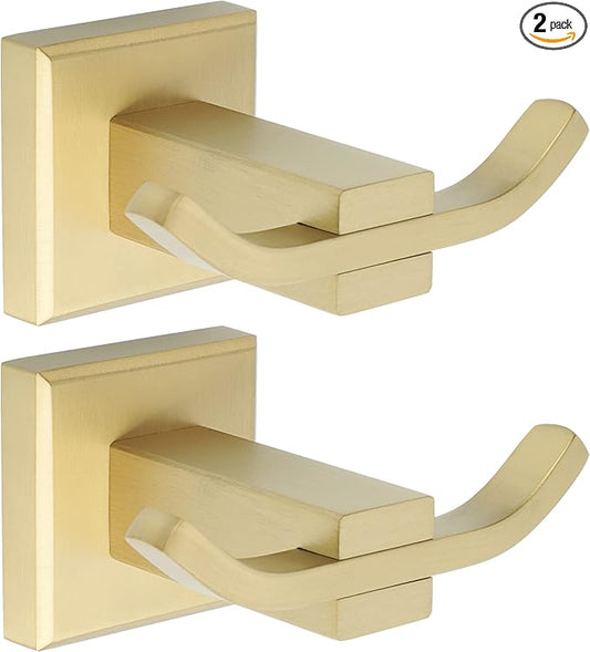 Alise Double Towel Hooks Gold,Wall Mount Coat Hook Towel Robe Clothes Hanger for Bathroom Kitchen Garage Hotel Cabinet,SUS304 Stainless Steel Wall Hooks for Hanging Coat Hat Towel,Pack of 2