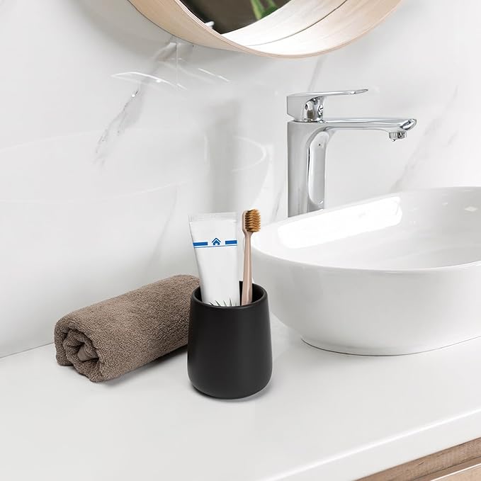 Bathroom Tumbler Cup Ceramic 13.5oz Reusable Toothbrush Cup 400ml, Toothbrush Holder Adequate for Your Bathroom (Black Brown)