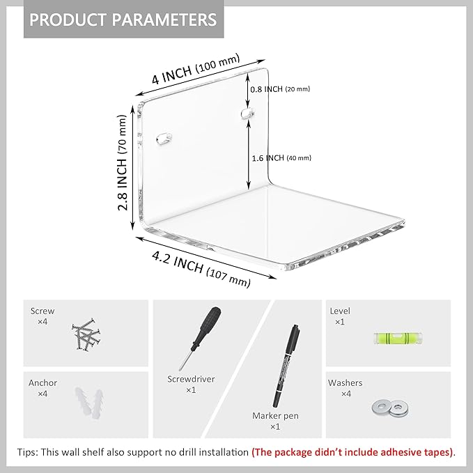 4 Inches Clear Small Wall Shelves, 4mm Thickness Acrylic Small Floating Shelf for Figures, Plants, Security Cameras, Speakers, Moisture-Proof, 2 Pack-NeatNest