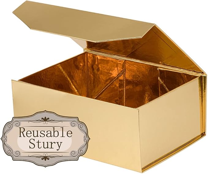 10 Small Gold Gift Boxes 9.5x7x4 Inches, Magnetic Gift Box with Lid for Gift Packaging, Wholesale gift boxes for Presents, Bridesmaid Proposal Boxes (Glossy Gold, 10pcs/pack)-NeatNest