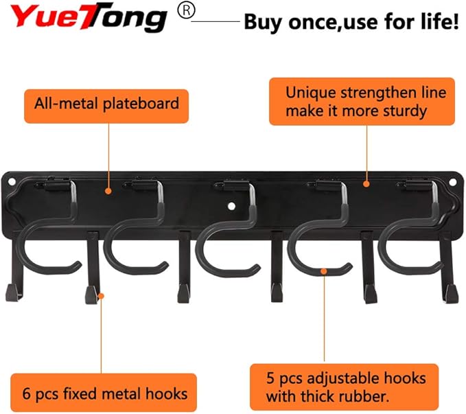 YueTong All Metal Garden Tool Organizer,Adjustable Garage Wall Organizers and Storage,Heavy Duty Wall Mount Holder with Hooks for Broom,Rake,Mop,Shovel.(1 Pack¡ê)